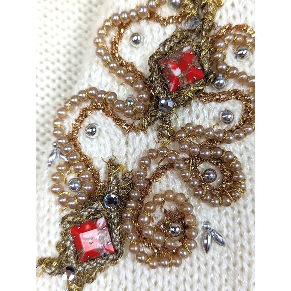 VINTAGE 80's Embellished Statement Maximalist Surplice Sweater Cream *M/L - Picture 3 of 6